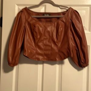 Cognac faux leather top with 3/4 puff sleeve